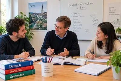 Zwei Erwachsene lernen gemeinsam mit einem Privatlehrer im Deutsch-Intensivkurs in Bern.