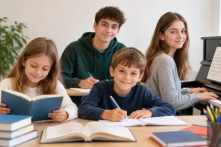 Kinder und Jugendliche beim Lernen und Klavierspielen im Privatunterricht in Bern