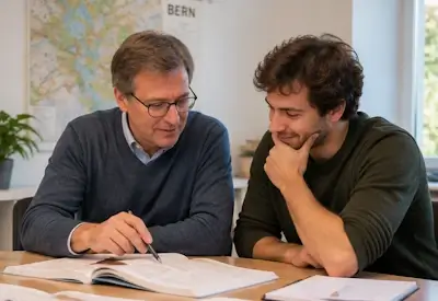 Un adulte suit un cours d’allemand avec son professeur à Berne.