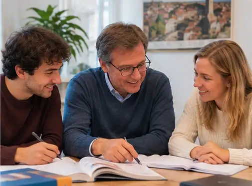 Deux adultes suivent un cours d’allemand avec leur professeur à Berne.