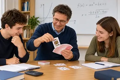 Lehrer zeigt zwei Lernenden einen mathematischen Kartentrick und erklärt die Zusammenhänge dahinter.