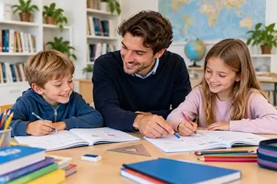 Un tuteur privé accompagne un garçon de six ans et une fille de huit ans dans leurs exercices lors d’une séance de soutien scolaire à Berne
