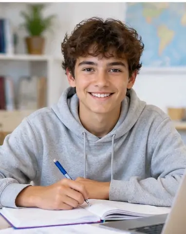 Un élève travaille sur ses exercices scolaires à une table, dans le cadre du soutien scolaire à Berne.