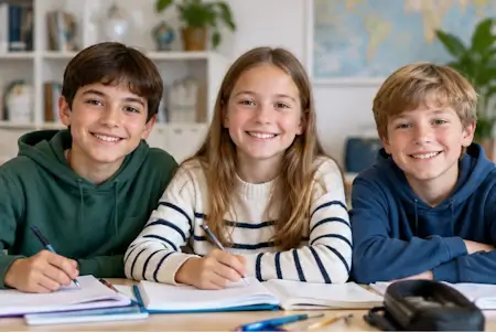 Trois élèves d’âge scolaire assis côte à côte devant leurs cahiers, souriant à la caméra lors d’une séance de soutien scolaire à Berne