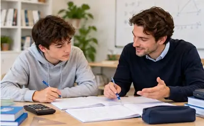 Un tuteur privé aide un adolescent à comprendre un exercice de mathématiques pendant un cours particulier à Berne.