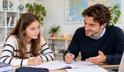 Un tuteur privé explique un exercice à une adolescente lors d’une séance de soutien scolaire à Berne